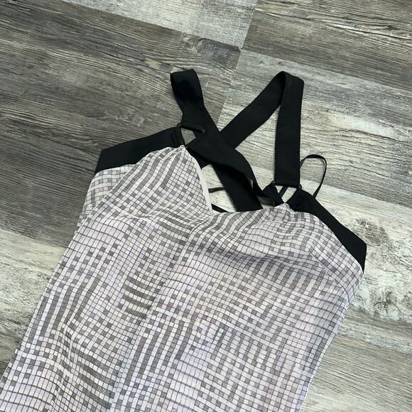 BCBGeneration Purple Plaid Black XS Cross Back Sheer Lined Cutout Maxi Dress NEW - Picture 1 of 8